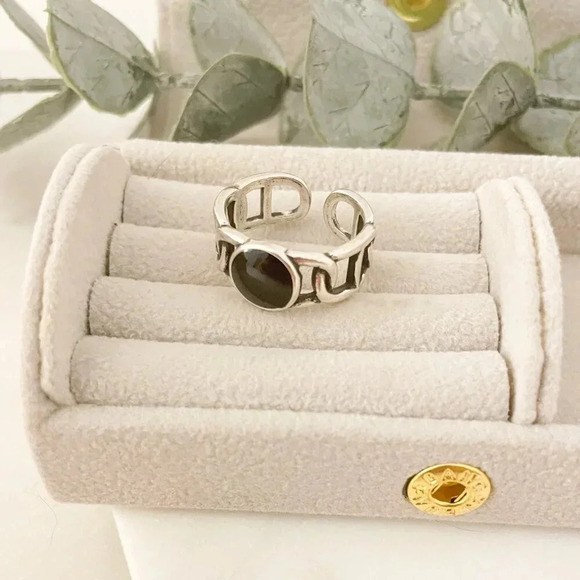 925 Sterling Silver Black Circle Ring Curb Link Ring Chain Link Ring Modern Ring - Picture 4 of 9